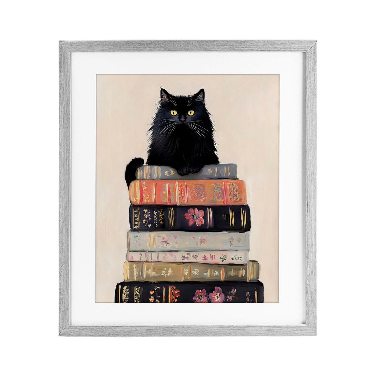 Stupell Industries Book Stack Black Cat Black Framed Print Under Glass, design by Arlington Prints